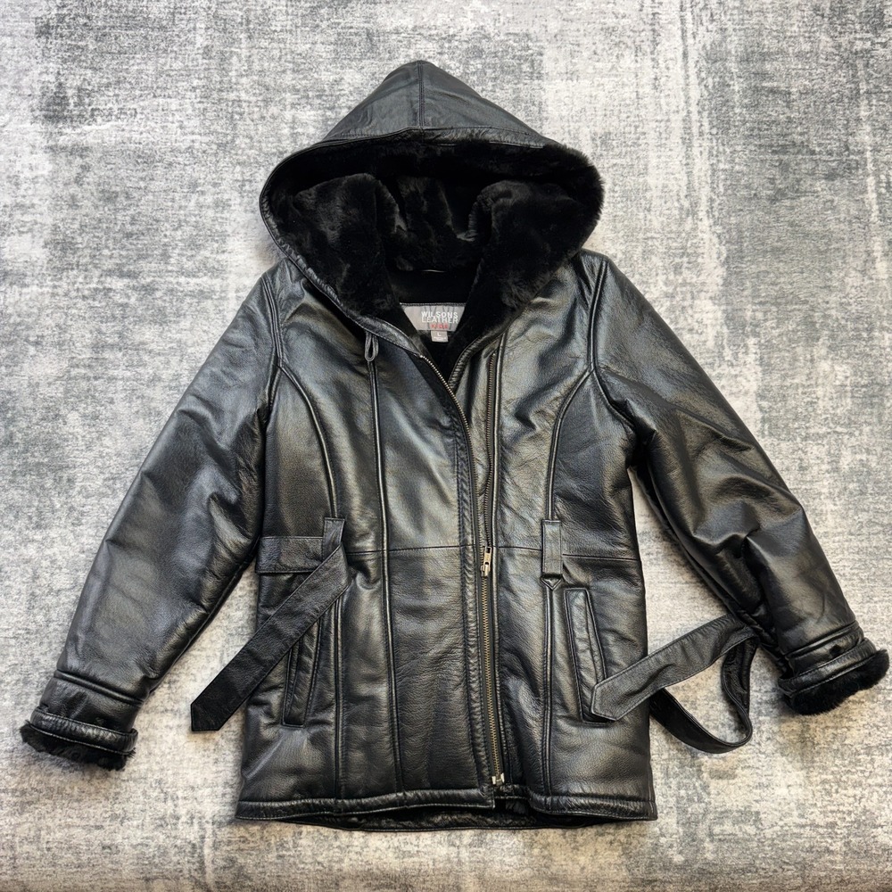 Wilsons Leather Jacket Kids Girls Large Black Faux Fur Lined Hood Belted Y2K Mob